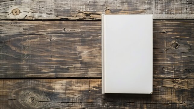 Blank book cover on textured wood background in photo