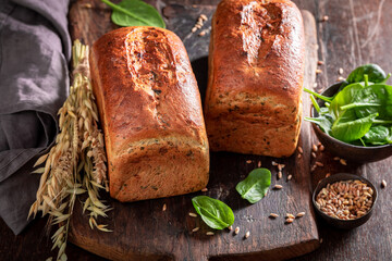Tasty and eco spinach bread baked in a home oven.