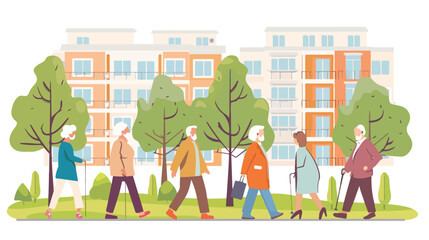 Elderly people are walking in the park. Nursing home