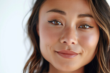 Fototapeta premium Close-Up Portrait of a Confident Young Woman with Natural Makeup and Sun-Kissed Freckles 