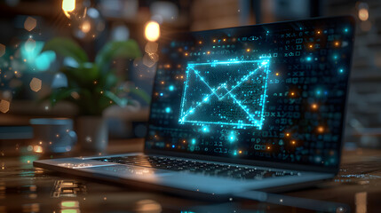 Email icon. Spam link on the laptop. Icon Email on laptop virtual screen hologram technology theme, business mail, official mail, Electronic mail.