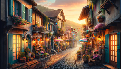 a quaint and colorful street scene at dawn - obrazy, fototapety, plakaty