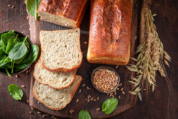 Tasty and eco spinach bread freshly baked and sliced.