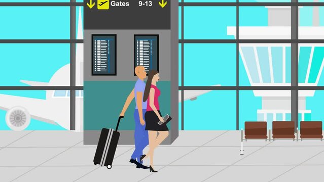 Cartoon Flat animation of Couple walking in the airport with baggage, traveling time
