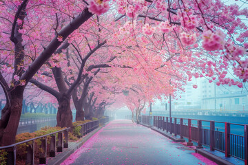 Sidewalk in Japan with sakura trees