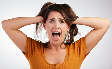 Stress, fear and woman face shouting in studio for anxiety, fail or overthinking on grey...