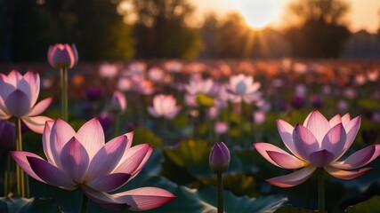 A Fresh and  Beautiful Lotus Flower is Blooming and glowing Sunrise View