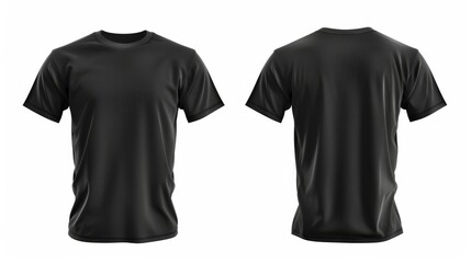 An isolated white background is used to design the front and back of a black T-shirt