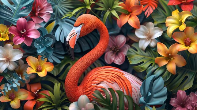 A colorful image of a flamingo in a jungle with a variety of flowers
