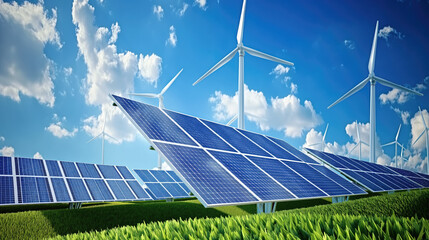 Solar energy panels and wind turbines on green field. - 790128451