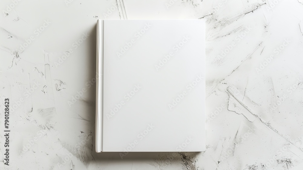 Poster the image shows a closed blank square book on a background of white textured paper.