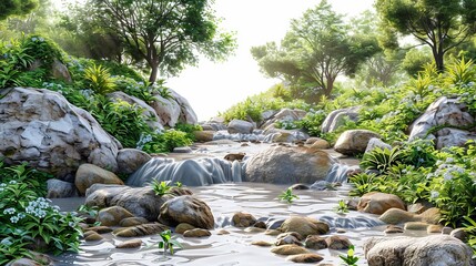 A beautiful, serene landscape with a small stream running through it