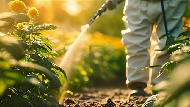 Sunlit Pesticide Application on Tobacco Field. Concept Agriculture, Pest Control, Crop Protection, Tobacco Farming, Sunlight Effects