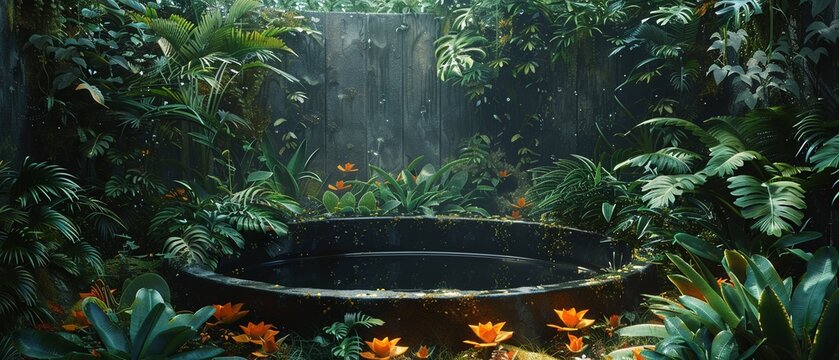 A painting of a ripe, black water tank hidden in a lush garden , 3D ,ultra HD,digital photography