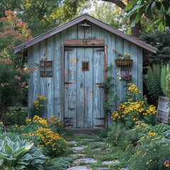 A small blue wooden garden shed surrounded by a lush garden of yellow flowers and green plants.