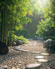 Digital background of a tranquil zen garden with a bamboo grove, FLOORING raked pebble path, TIME early morning, LIGHTING soft, filtered sunlight, ,close-up,ultra HD,digital photograph - obrazy, fototapety, plakaty