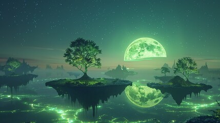 Digital alien landscape with glowing flora and floating islands, GROUND bioluminescent soil, TIME night, LIGHTING natural alien luminescence, , 3D ,ultra HD,digital photography
