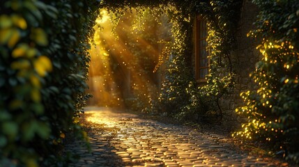 Digital setting of a secret garden with walls of ivy and hidden gemstones, FLOORING ancient cobblestone, TIME early evening, LIGHTING golden sunset rays, ,close-up,ultra HD,digital photograph