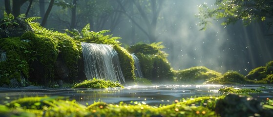 Magical forest clearing with a shimmering waterfall, FLOORING lush green moss, TIME dawn, LIGHTING delicate morning haze, ,close-up,ultra HD,digital photograph - obrazy, fototapety, plakaty
