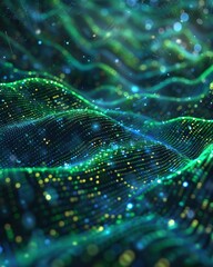 Matrix of glowing software code, abstract wave patterns, cyber blue and green, panoramic view , 3D ,ultra HD,digital photography