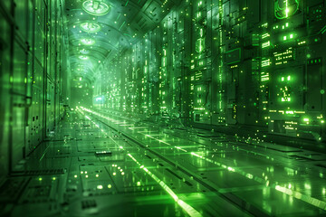 Cybernetic Corridor with Green Illumination
