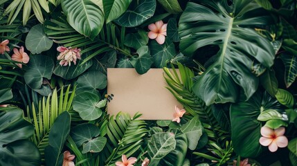 Featuring flowers, leaves, and a paper note card. Concept of nature, flat lay layout. - obrazy, fototapety, plakaty