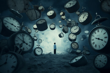 A person stands among floating clocks in a surreal, dreamlike scene