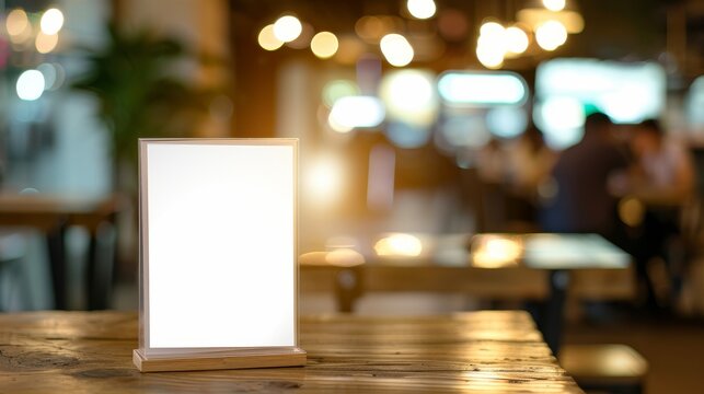 It is a mock up label the blank menu frame in a bar restaurant. It is a stand for booklets with white sheets of paper and acrylic tent cards on a wooden table in a cafeteria with a blurred