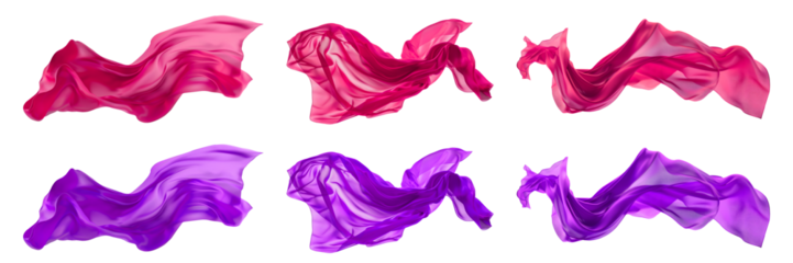 2 Collection set of magenta purple pink long silk satin cloth fabric floating flying in the air on transparent background cutout, PNG file. Mockup template for artwork graphic design