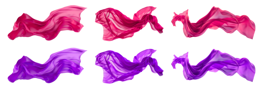 2 Collection set of magenta purple pink long silk satin cloth fabric floating flying in the air on transparent background cutout, PNG file. Mockup template for artwork graphic design