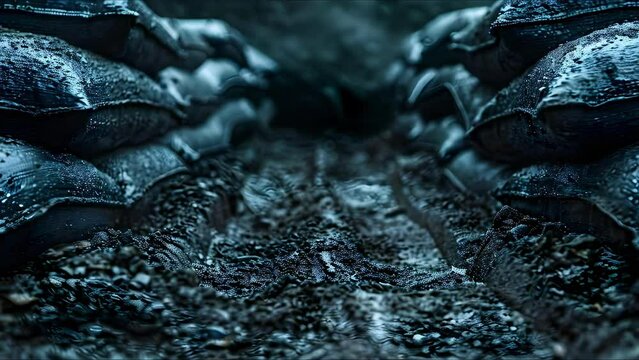 Twilight of Fortitude: Stacked Sandbags in Trench. Concept Military History, Battlefield Tactics, Defensive Structures, Historical Landscapes