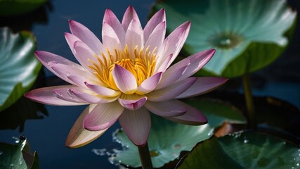 A Fresh and white Beautiful Lotus Flower is Blooming and glowing in the morning in a pond.