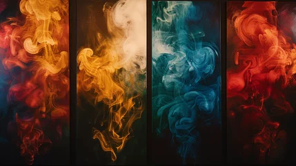 Fotobehang A canvas divided into quadrants, each featuring a different hue and behavior of smoke, symbolizing the four elements. © Tanveer Shah