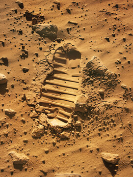 Gros-plan sur l'empreinte de la botte d'un astronaute dans le sol sablonneux de Mars.