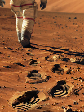 Empreintes de pas d'un astronaute dans le sol sablonneux de Mars.