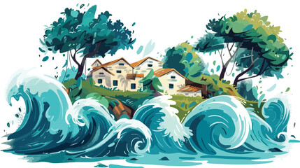 Flood tsunami landscape. Natural disaster catastrophe - obrazy, fototapety, plakaty