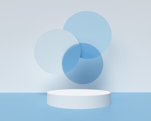 3D geometric blue background with product podiums.