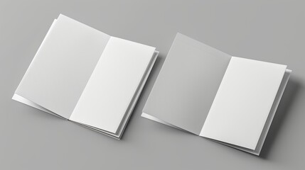 A universal template displaying two white bi-fold brochures on a gray background with realistic shadows. One booklet is closed, the second is open on the spread.
