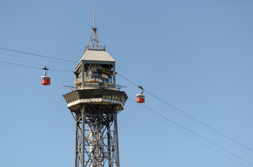 Port Vell Aerial Tramway, Barcelona, Spain. The Tramway crosses Port Vell, Barcelona's old harbour,...