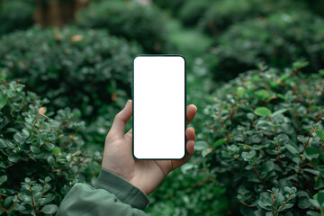 Stylish mockup highlighting blank white smartphone screen in hand, green background
