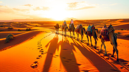 Camel Caravan Trekking Across Desert at Sunset.