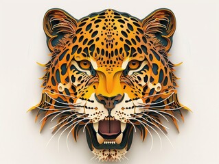 3D layered paper art style illustration art of a leopard head in frontal view