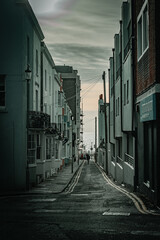 Street with old build houses in Brighton, East Sussex, UK