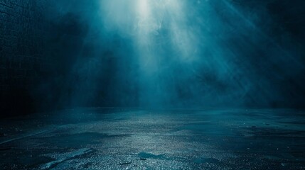 Various lighting effects such as neon lights, spotlights, and wet asphalt in the water. Abstract dark blue background, smoke, and smog. - obrazy, fototapety, plakaty