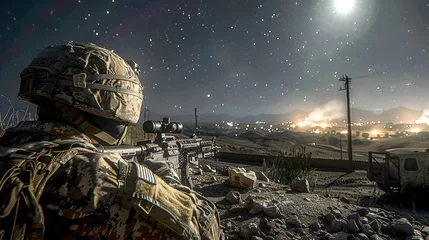 Deurstickers Military Sniper Overlooking Mountainous Terrain. © NORN