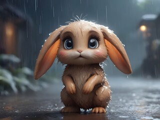 Adorable sad little bunny in the pouring rain with huge beautiful eyes, - obrazy, fototapety, plakaty
