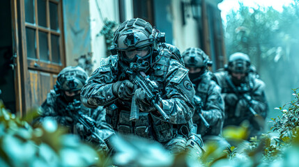 Special Forces Team Advancing in Combat Zone.
