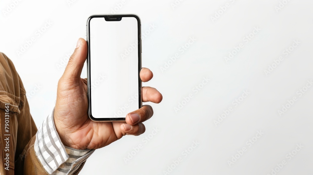 Poster the hand of a man is holding a smartphone with a blank screen against a white background. there is s