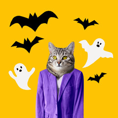 Contemporary art collage in abstract magazine design. Halloween holiday concept, ghost and bat,...