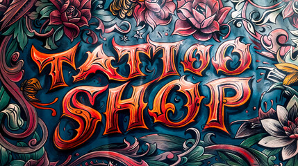  le texte TATTOO SHOP tatoué sur de la peau avec des fleurs autour - en couleurs